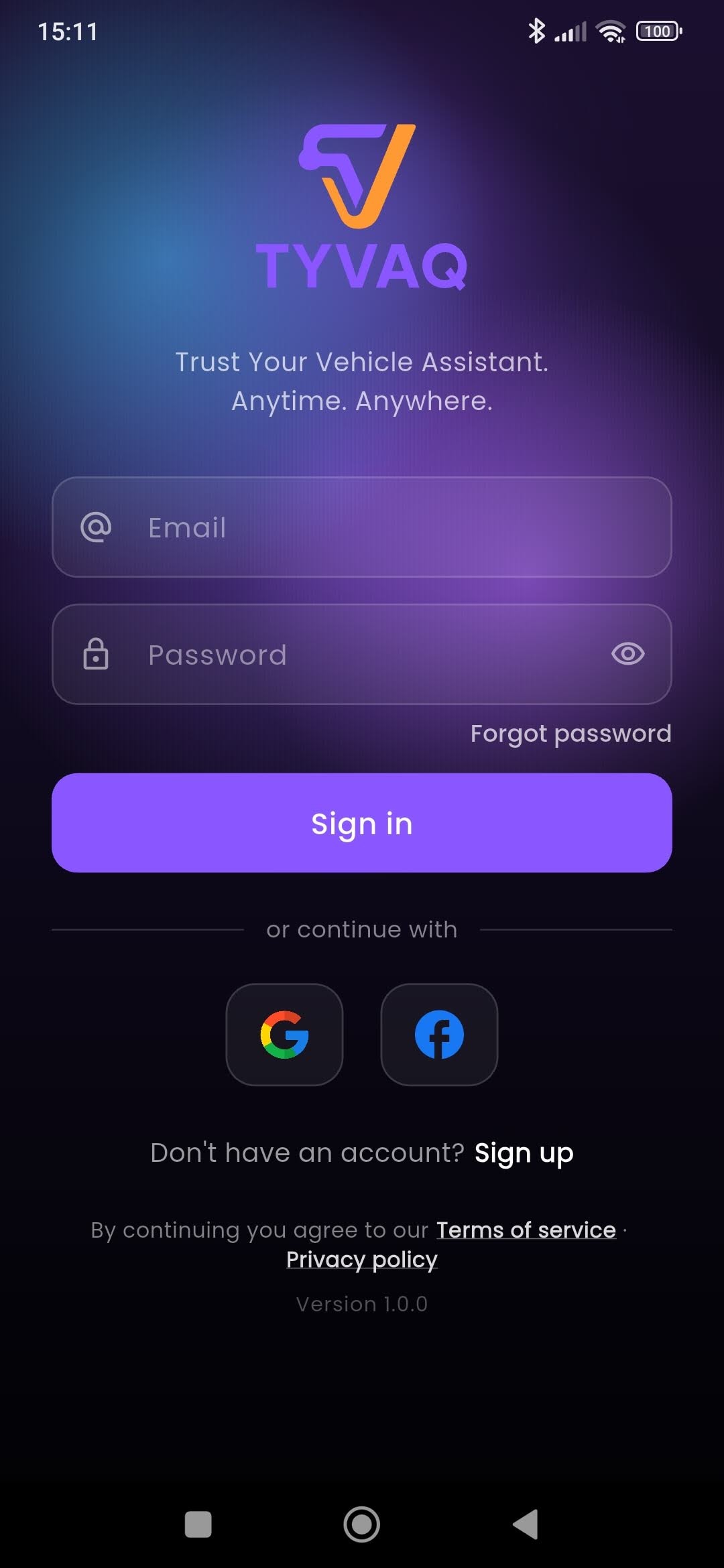 TYVAQ app — Sign In screen