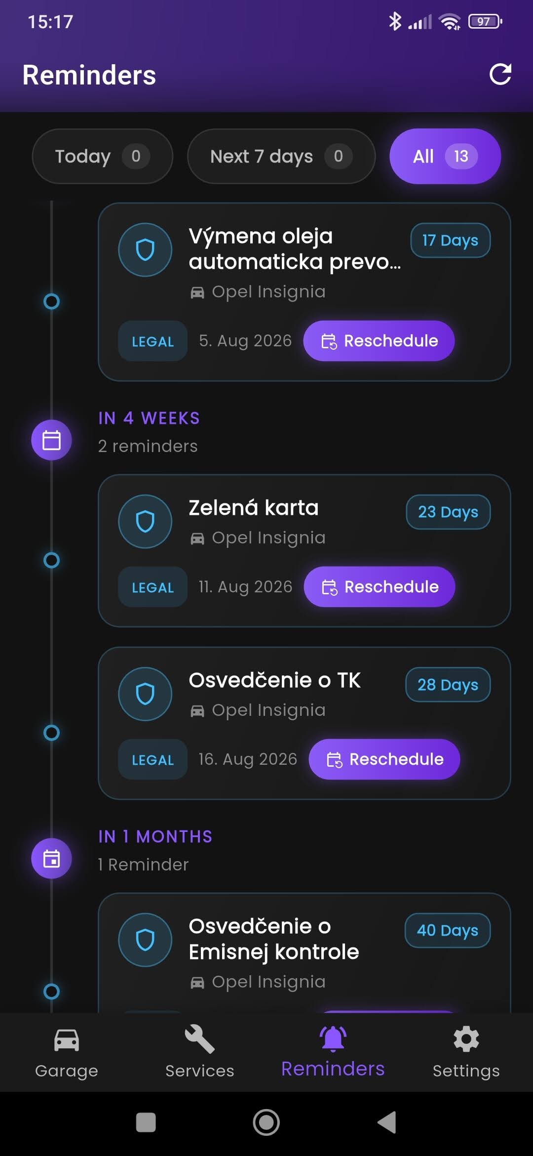 TYVAQ app — Reminders screen