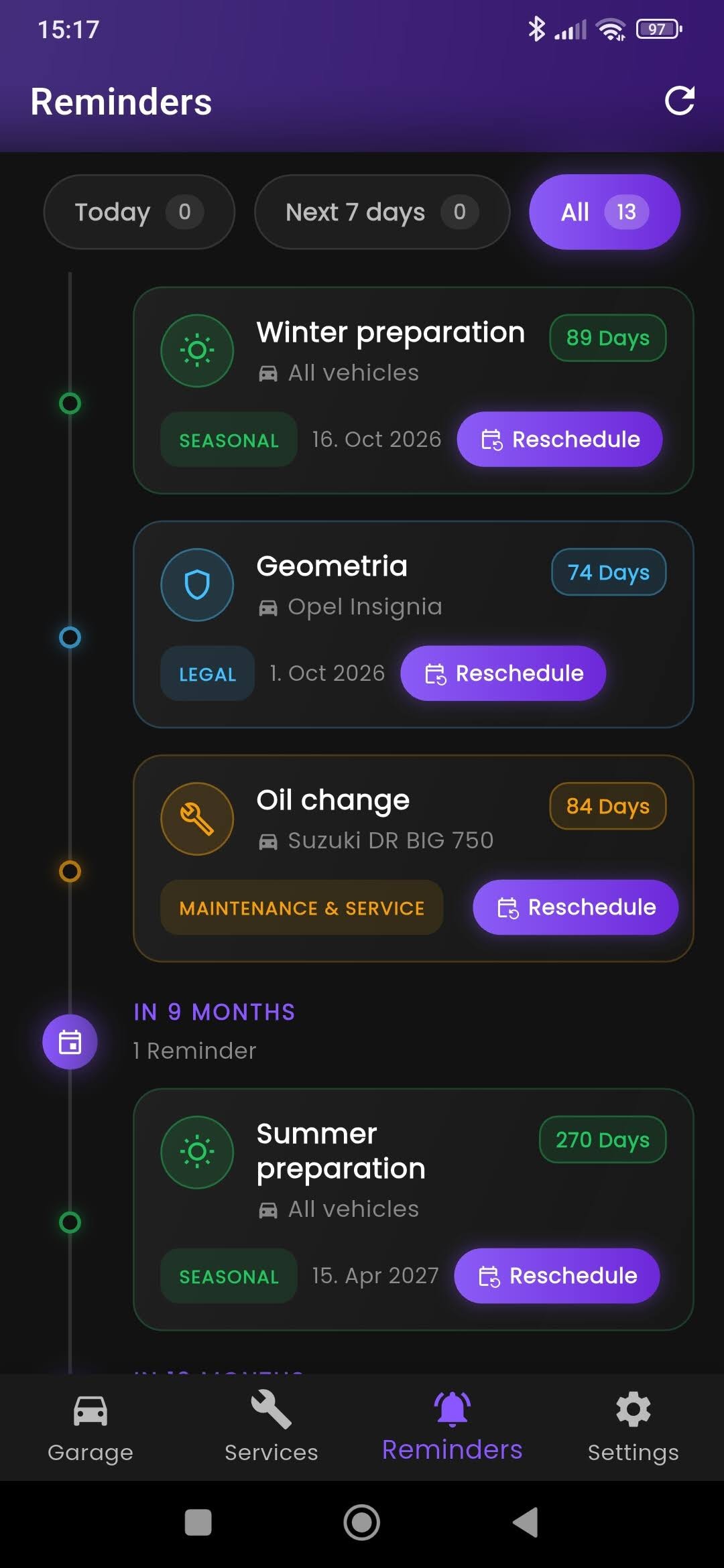 TYVAQ app — All Reminders screen