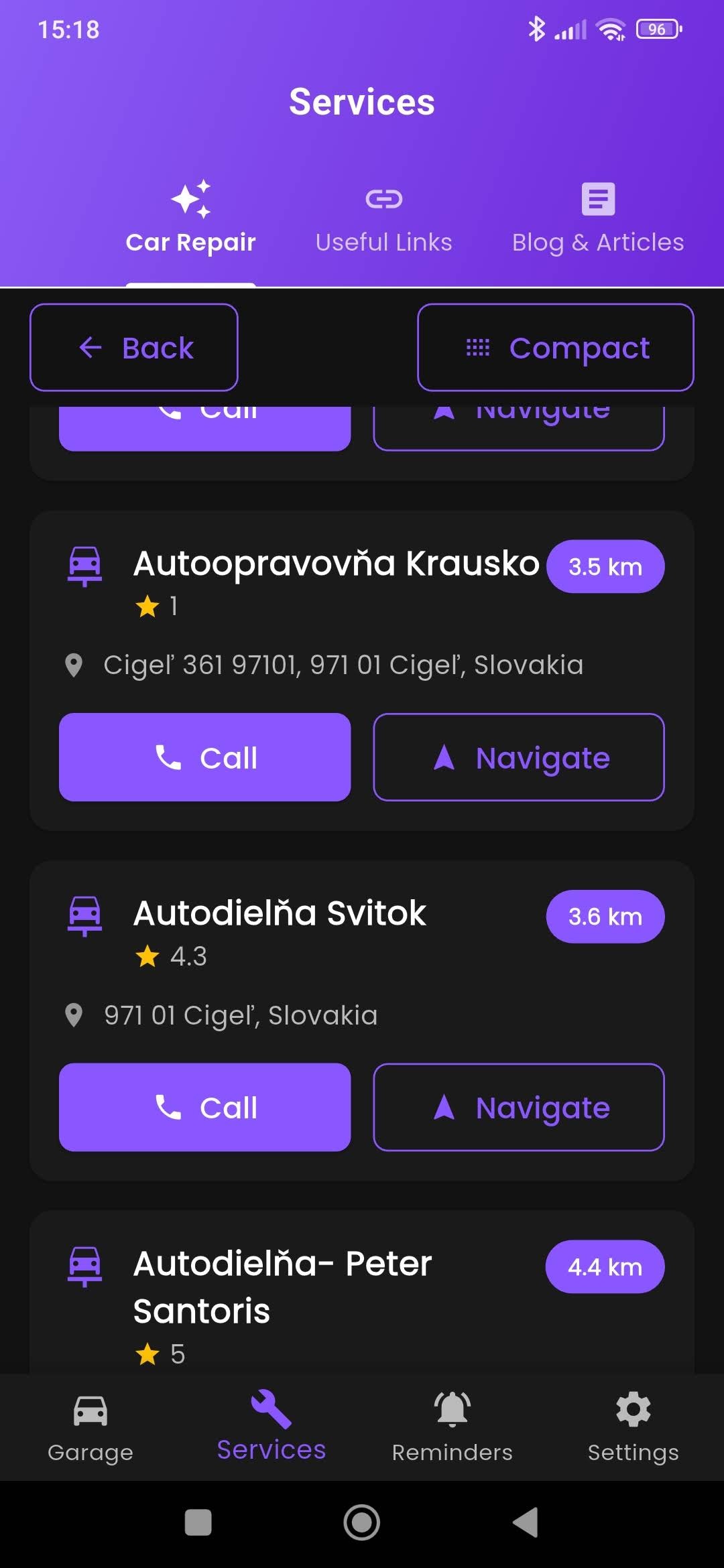 TYVAQ app — Services screen